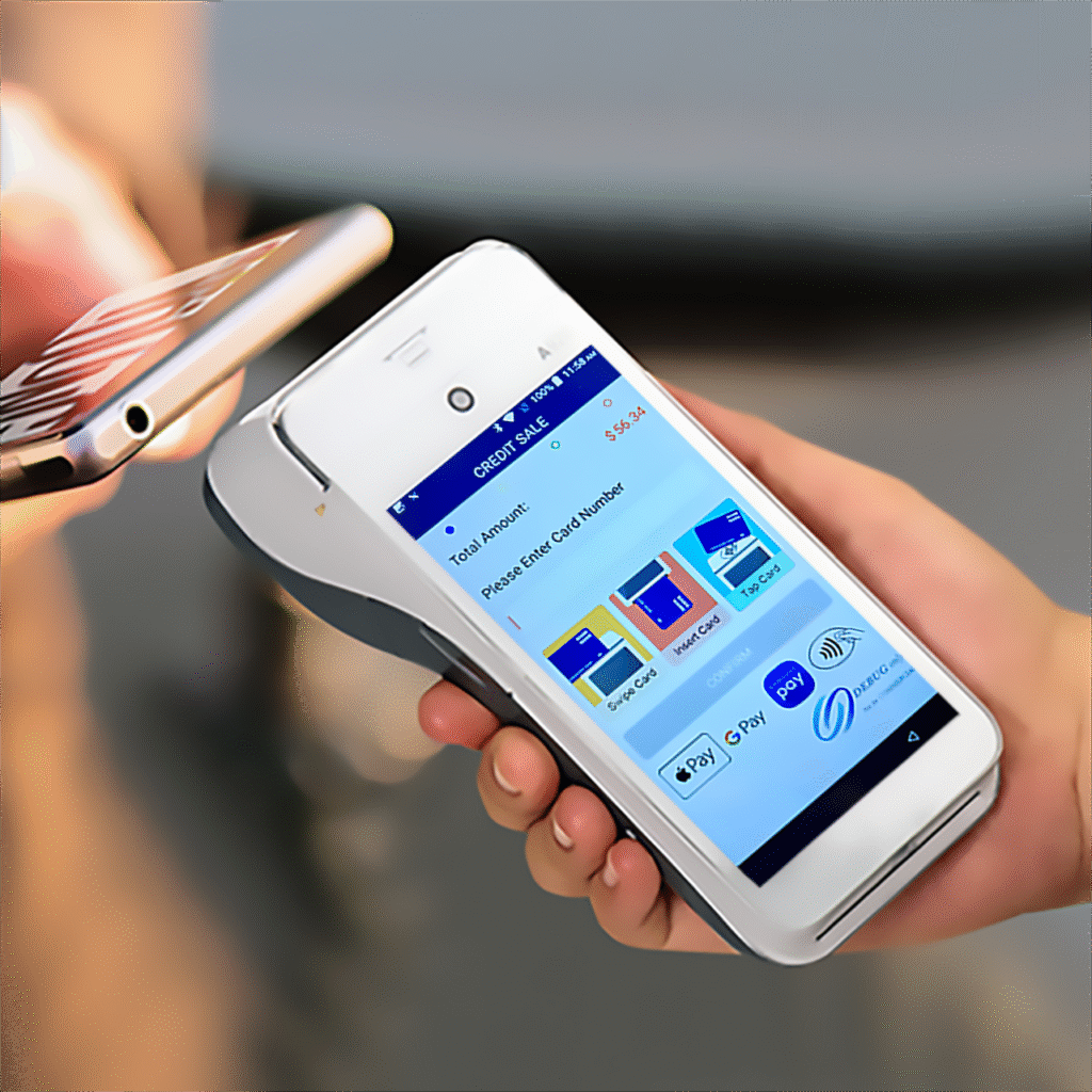 Customer making a contactless card payment using a handheld point-of-sale device